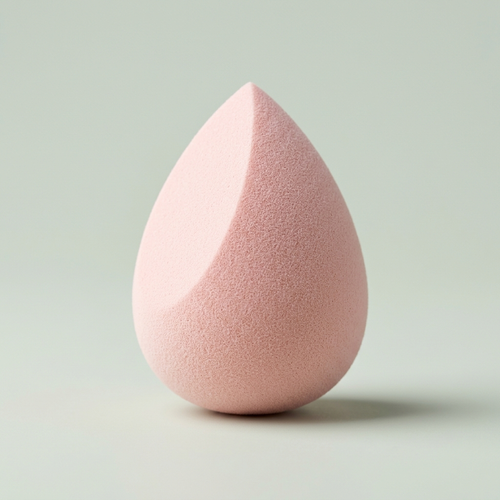 Pink makeup sponge on a light gray background