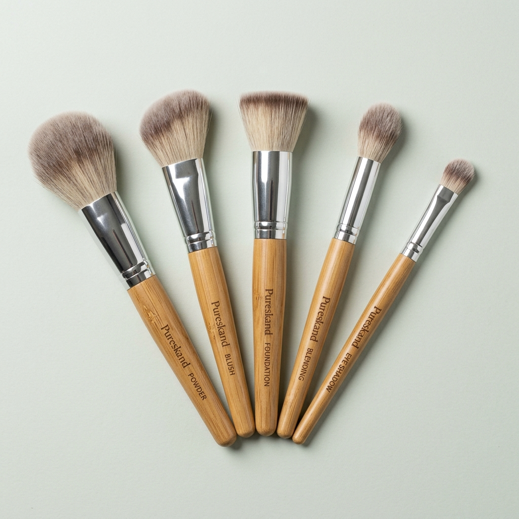 Set of six wooden makeup brushes with silver ferrules on a light gray background