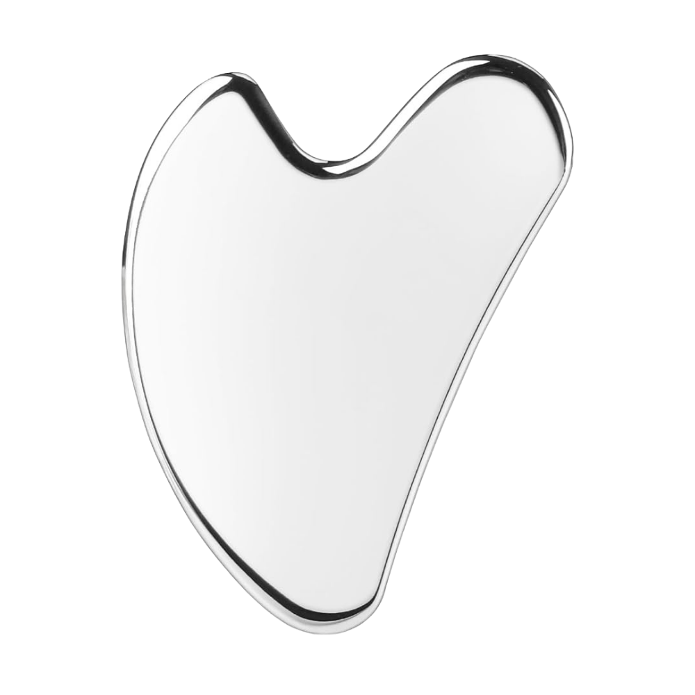 Silver Gua Sha tool on a white background