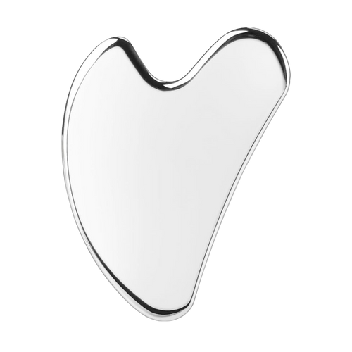 Silver Gua Sha tool on a white background