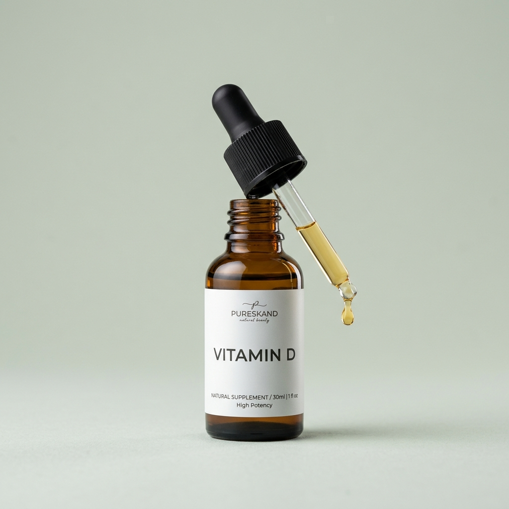 Vitamin D dropper bottle with a visible brand label on a light background